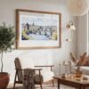 04 - Large Prague Skyline Watercolor - Horizontal Art Print in Boho Living Room with vintage Wood frame.jpg