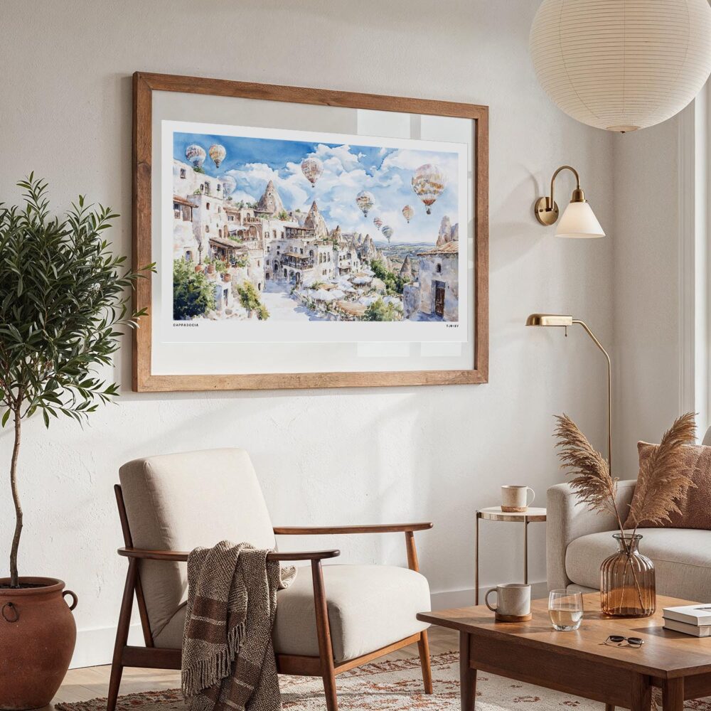 04 - Large Turkey Cappadocia Watercolor - Horizontal Art Print in Boho Living Room with vintage Wood frame.jpg 04 - Large Turkey Cappadocia Watercolor - Horizontal Art Print in Boho Living Room with vintage Wood frame.jpg