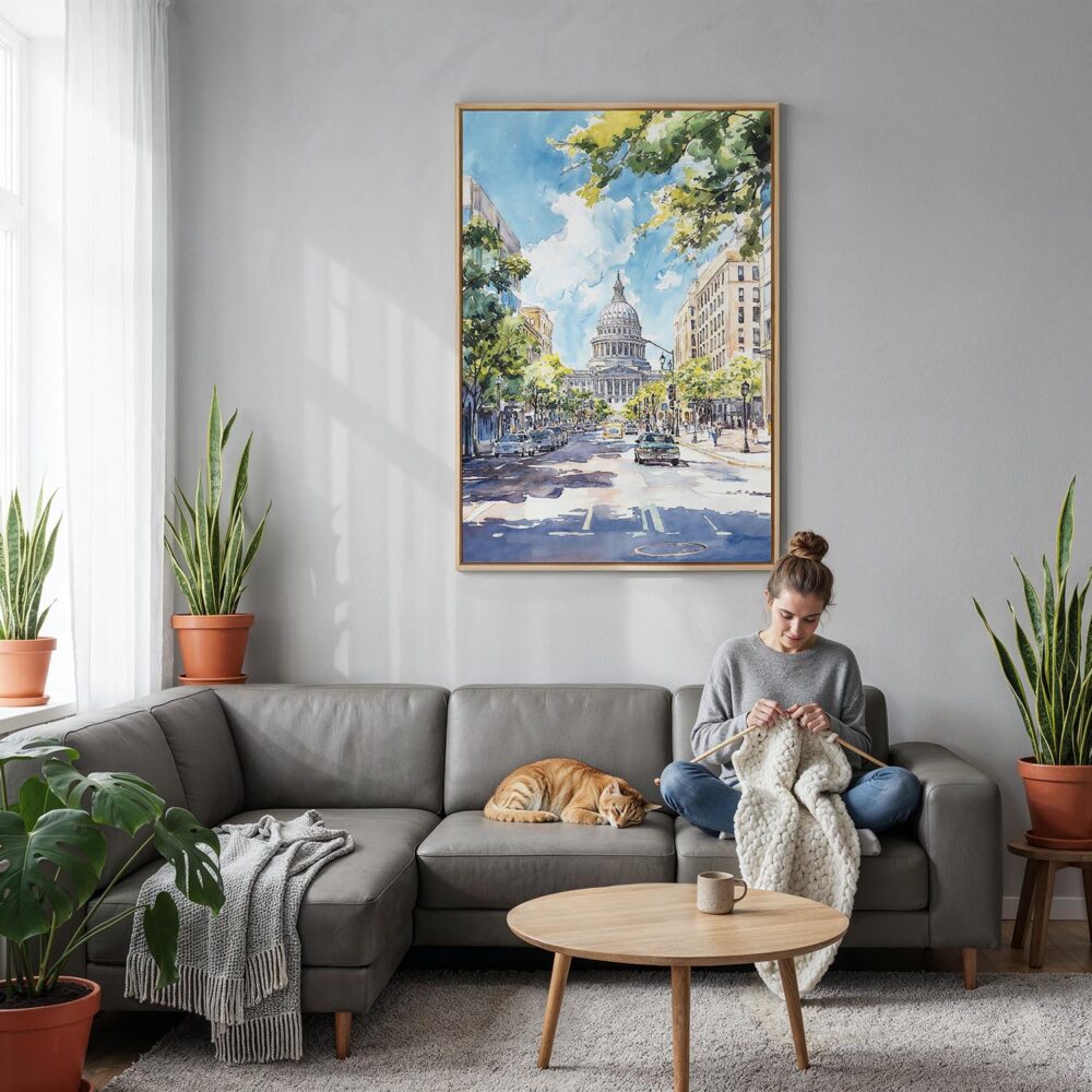 04 - Madison Wisconsin State Capitol Building Watercolor Canvas Print with Natural Floater Frame - Woman Knitting on grey couch - Vertical.jpg 04 - Madison Wisconsin State Capitol Building Watercolor Canvas Print with Natural Floater Frame - Woman Knitting on grey couch - Vertical.jpg