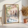 04 - Marrakesh Morroco Backyard Watercolor Canvas Print with Natural Floater Frame - Standing on Floor - Vertical.jpg