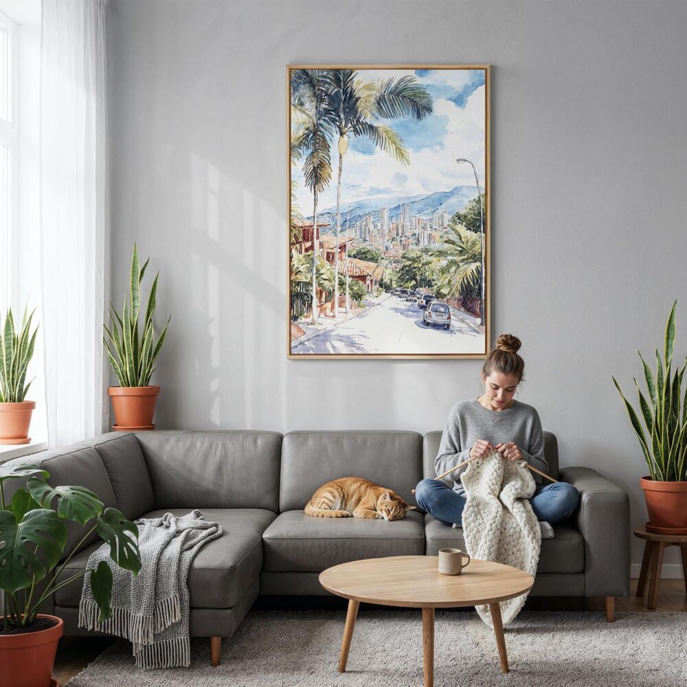 04 - Medellin Colombia Watercolor Canvas Print with Natural Floater Frame - Woman Knitting on grey couch - Vertical.jpg 04 - Medellin Colombia Watercolor Canvas Print with Natural Floater Frame - Woman Knitting on grey couch - Vertical.jpg