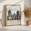 04 - Mexico Metropolitan Cathedral Watercolor Canvas Print with Natural Floater Frame - Standing on Floor - Vertical.jpg