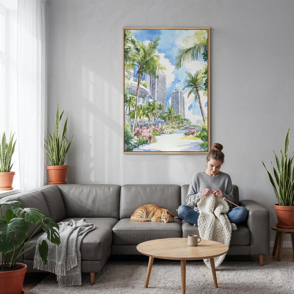 04 - Miami Beach Watercolor Canvas Print with Natural Floater Frame - Woman Knitting on grey couch - Vertical.jpg 04 - Miami Beach Watercolor Canvas Print with Natural Floater Frame - Woman Knitting on grey couch - Vertical.jpg