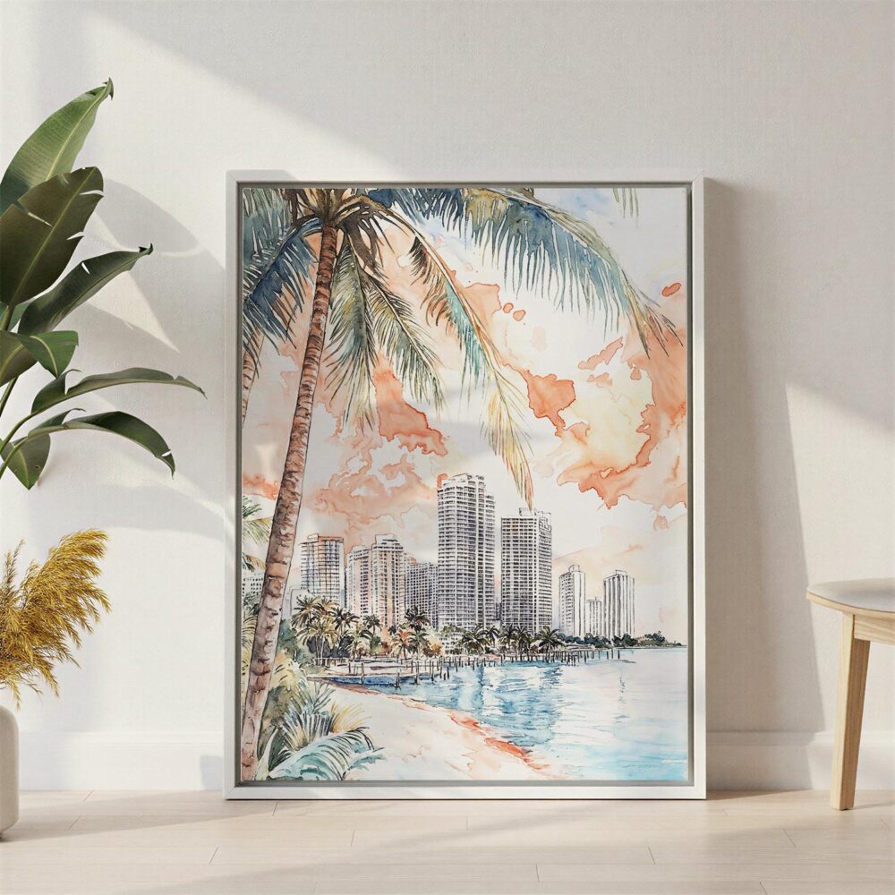 04 - Miami Florida Sunset Watercolor Canvas Print with White Floater Frame - Standing on Floor - Vertical.jpg 04 - Miami Florida Sunset Watercolor Canvas Print with White Floater Frame - Standing on Floor - Vertical.jpg