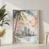 04 - Miami Florida Sunset Watercolor Canvas Print with White Floater Frame - Standing on Floor - Vertical.jpg