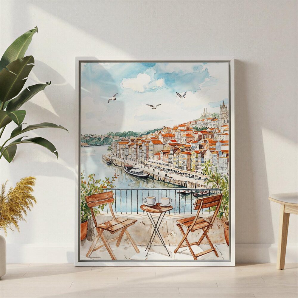 04 - Morning Coffee in Porto Watercolor Canvas Print with White Floater Frame - Standing on Floor - Vertical.jpg 04 - Morning Coffee in Porto Watercolor Canvas Print with White Floater Frame - Standing on Floor - Vertical.jpg
