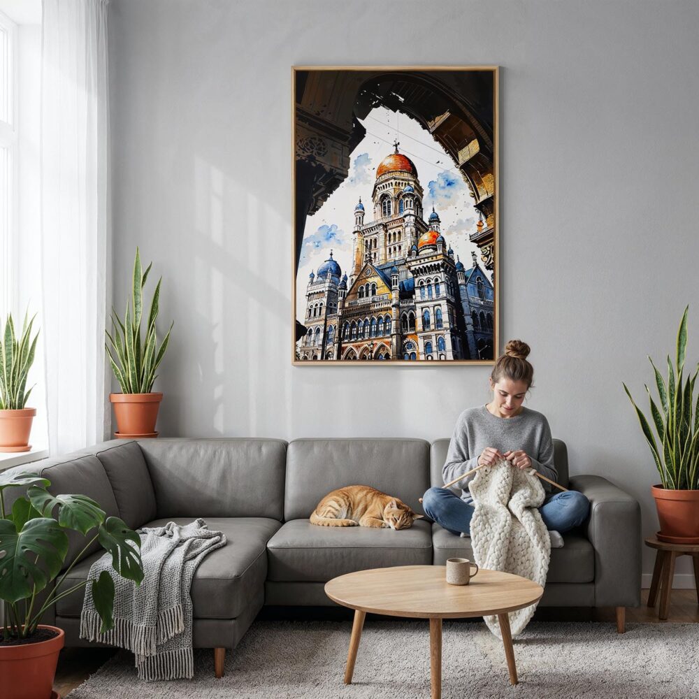 04 - Mumbai BMC Building Watercolor Canvas Print with Natural Floater Frame - Woman Knitting on grey couch - Vertical.jpg 04 - Mumbai BMC Building Watercolor Canvas Print with Natural Floater Frame - Woman Knitting on grey couch - Vertical.jpg