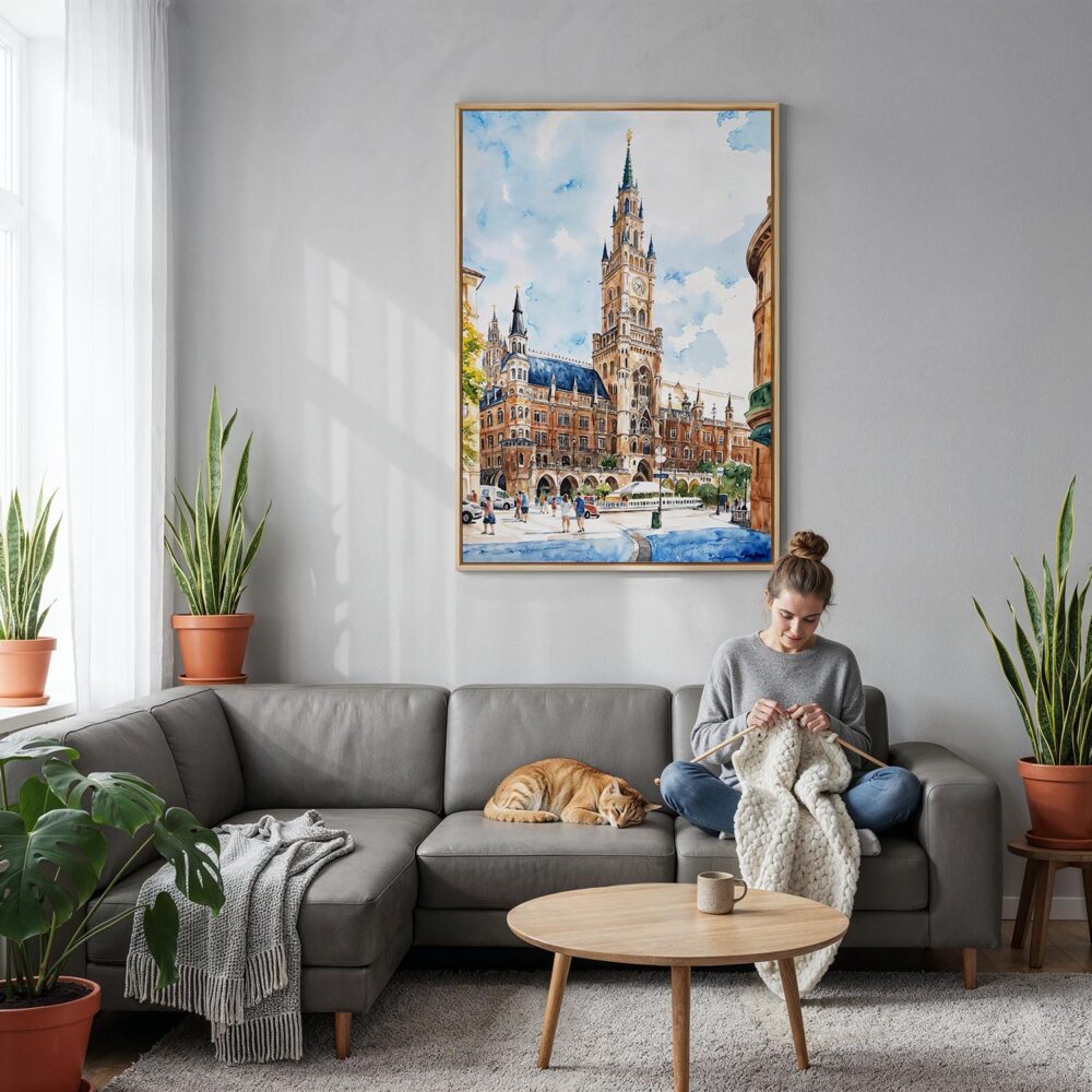 04 - Munich Marienplatz Watercolor Canvas Print with Natural Floater Frame - Woman Knitting on grey couch - Vertical.jpg 04 - Munich Marienplatz Watercolor Canvas Print with Natural Floater Frame - Woman Knitting on grey couch - Vertical.jpg