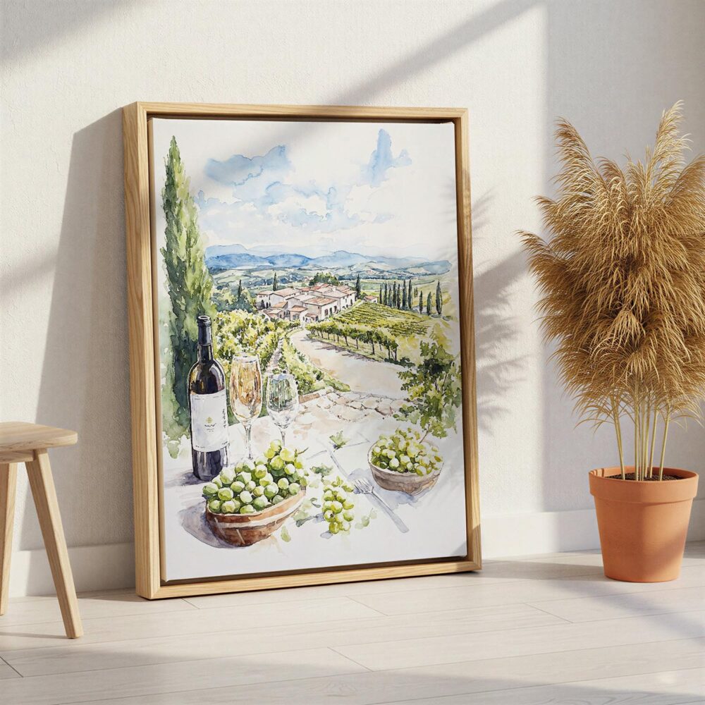 04 - Napa Valley Watercolor Canvas Print with Natural Floater Frame - Standing on Floor - Vertical.jpg 04 - Napa Valley Watercolor Canvas Print with Natural Floater Frame - Standing on Floor - Vertical.jpg
