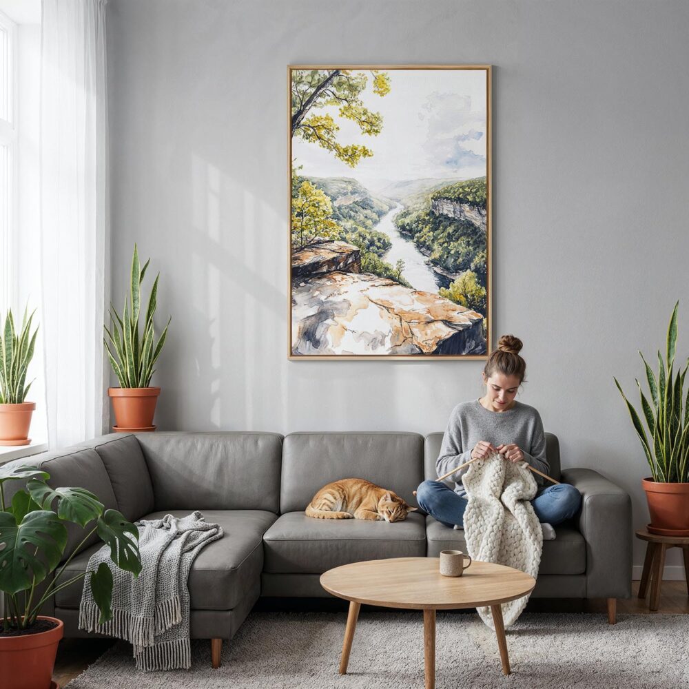 04 - New River Gorge Watercolor Canvas Print with Natural Floater Frame - Woman Knitting on grey couch - Vertical.jpg 04 - New River Gorge Watercolor Canvas Print with Natural Floater Frame - Woman Knitting on grey couch - Vertical.jpg