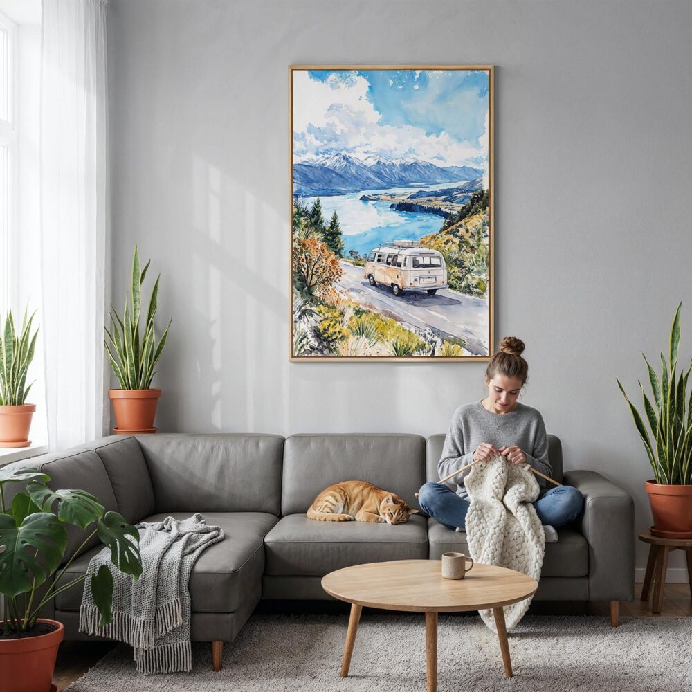 04 - New Zealand Queenstown Watercolor Canvas Print with Natural Floater Frame - Woman Knitting on grey couch - Vertical.jpg 04 - New Zealand Queenstown Watercolor Canvas Print with Natural Floater Frame - Woman Knitting on grey couch - Vertical.jpg