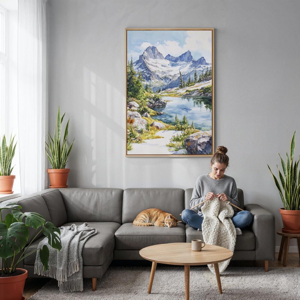 04 - North Cascades National Park Canvas Print with Natural Floater Frame - Woman Knitting on grey couch - Vertical.jpg 04 - North Cascades National Park Canvas Print with Natural Floater Frame - Woman Knitting on grey couch - Vertical.jpg