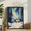04 - Nothern Lights Finland Watercolor Canvas Print with Brown Floater Frame - Standing on Floor - Vertical.jpg