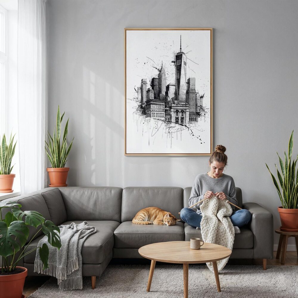 04 - One World Trade Center - Pencil Drawimg Canvas Print with Natural Floater Frame - Woman Knitting on grey couch - Vertical.jpg 04 - One World Trade Center - Pencil Drawimg Canvas Print with Natural Floater Frame - Woman Knitting on grey couch - Vertical.jpg