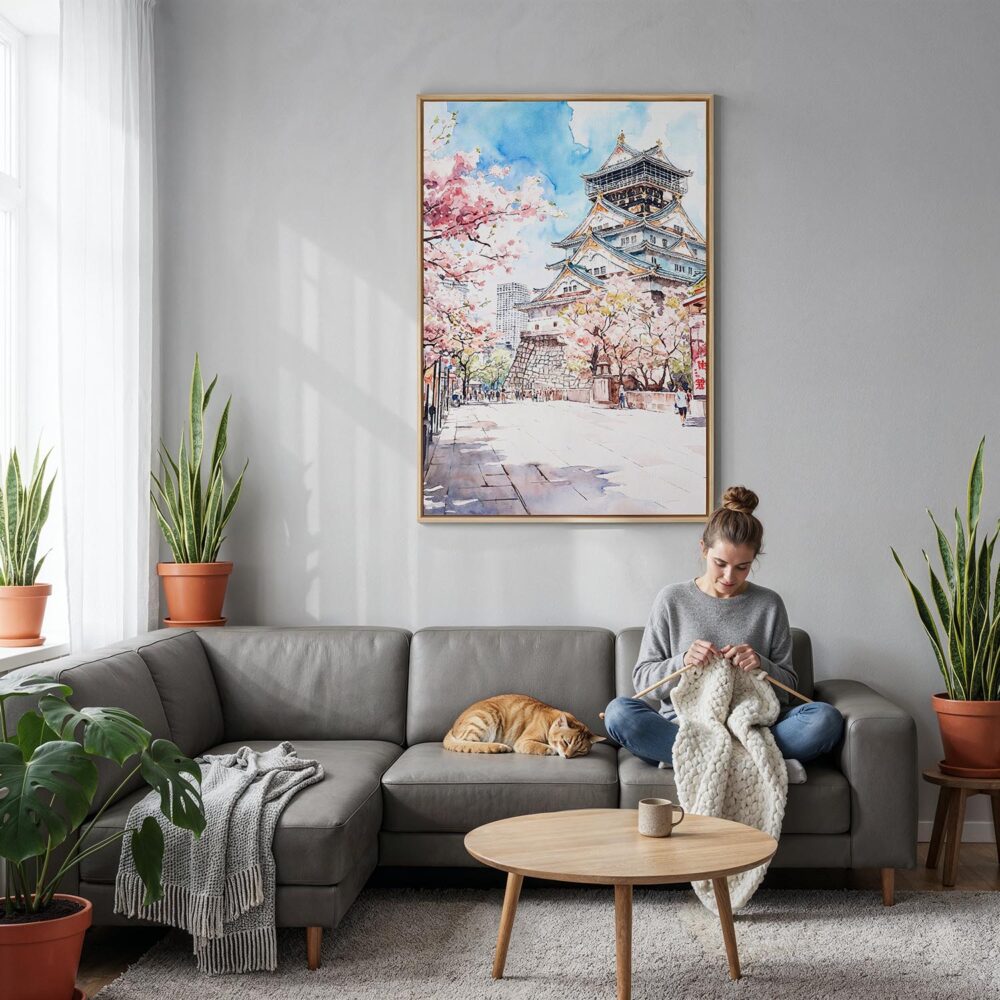 04 - Osaka Castle Japan - Watercolor Canvas Print with Natural Floater Frame - Woman Knitting on grey couch - Vertical.jpg 04 - Osaka Castle Japan - Watercolor Canvas Print with Natural Floater Frame - Woman Knitting on grey couch - Vertical.jpg