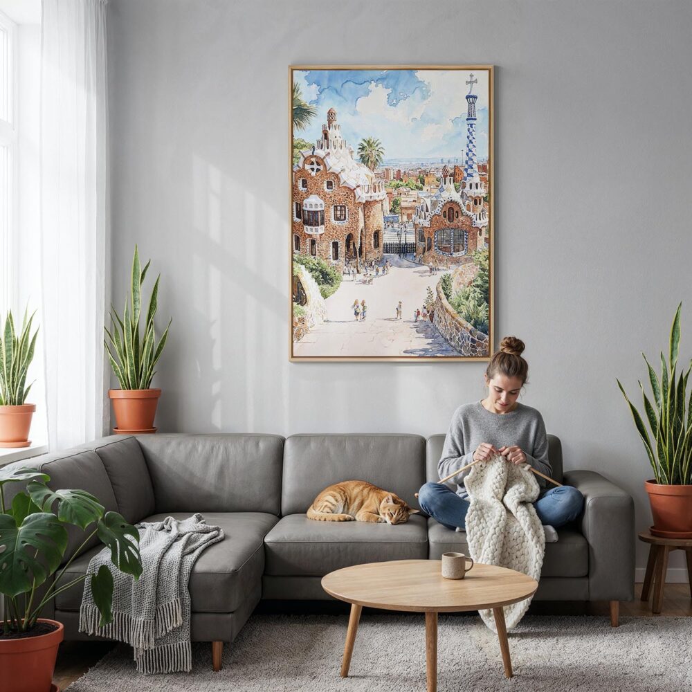 04 - Park Guell - Watercolor Canvas Print with Natural Floater Frame - Woman Knitting on grey couch - Vertical.jpg 04 - Park Guell - Watercolor Canvas Print with Natural Floater Frame - Woman Knitting on grey couch - Vertical.jpg