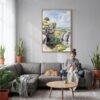 04 - Peak District England Watercolor Canvas Print with Natural Floater Frame - Woman Knitting on grey couch - Vertical.jpg