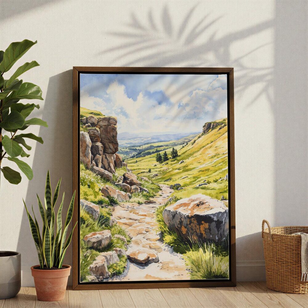 04 - Peak District Watercolor Canvas Print with Brown Floater Frame - Standing on Floor - Vertical.jpg 04 - Peak District Watercolor Canvas Print with Brown Floater Frame - Standing on Floor - Vertical.jpg
