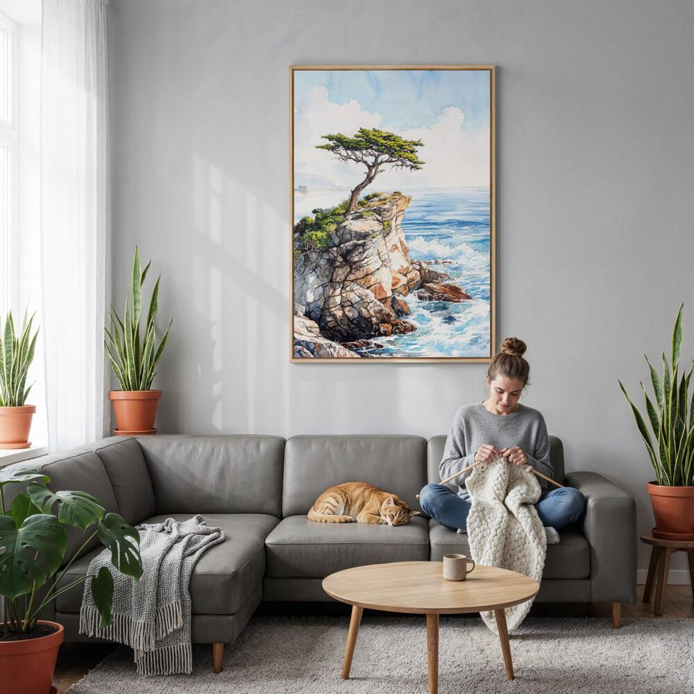 04 - Pebble Beach Cypress Watercolor Canvas Print with Natural Floater Frame - Woman Knitting on grey couch - Vertical.jpg 04 - Pebble Beach Cypress Watercolor Canvas Print with Natural Floater Frame - Woman Knitting on grey couch - Vertical.jpg