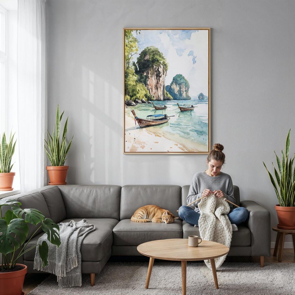 04 - Phuket Thailand Watercolor Canvas Print with Natural Floater Frame - Woman Knitting on grey couch - Vertical.jpg 04 - Phuket Thailand Watercolor Canvas Print with Natural Floater Frame - Woman Knitting on grey couch - Vertical.jpg