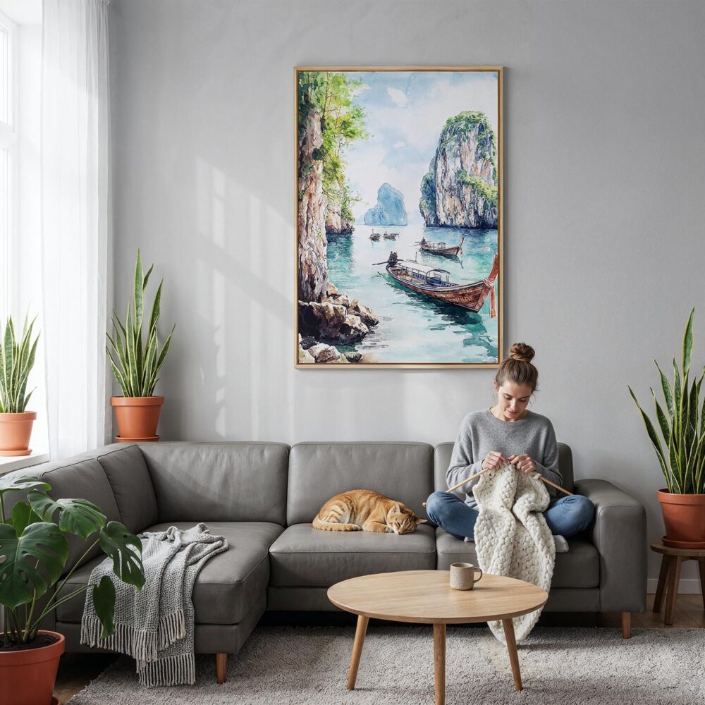 04 - Phuket Watercolor Canvas Print with Natural Floater Frame - Woman Knitting on grey couch - Vertical.jpg 04 - Phuket Watercolor Canvas Print with Natural Floater Frame - Woman Knitting on grey couch - Vertical.jpg