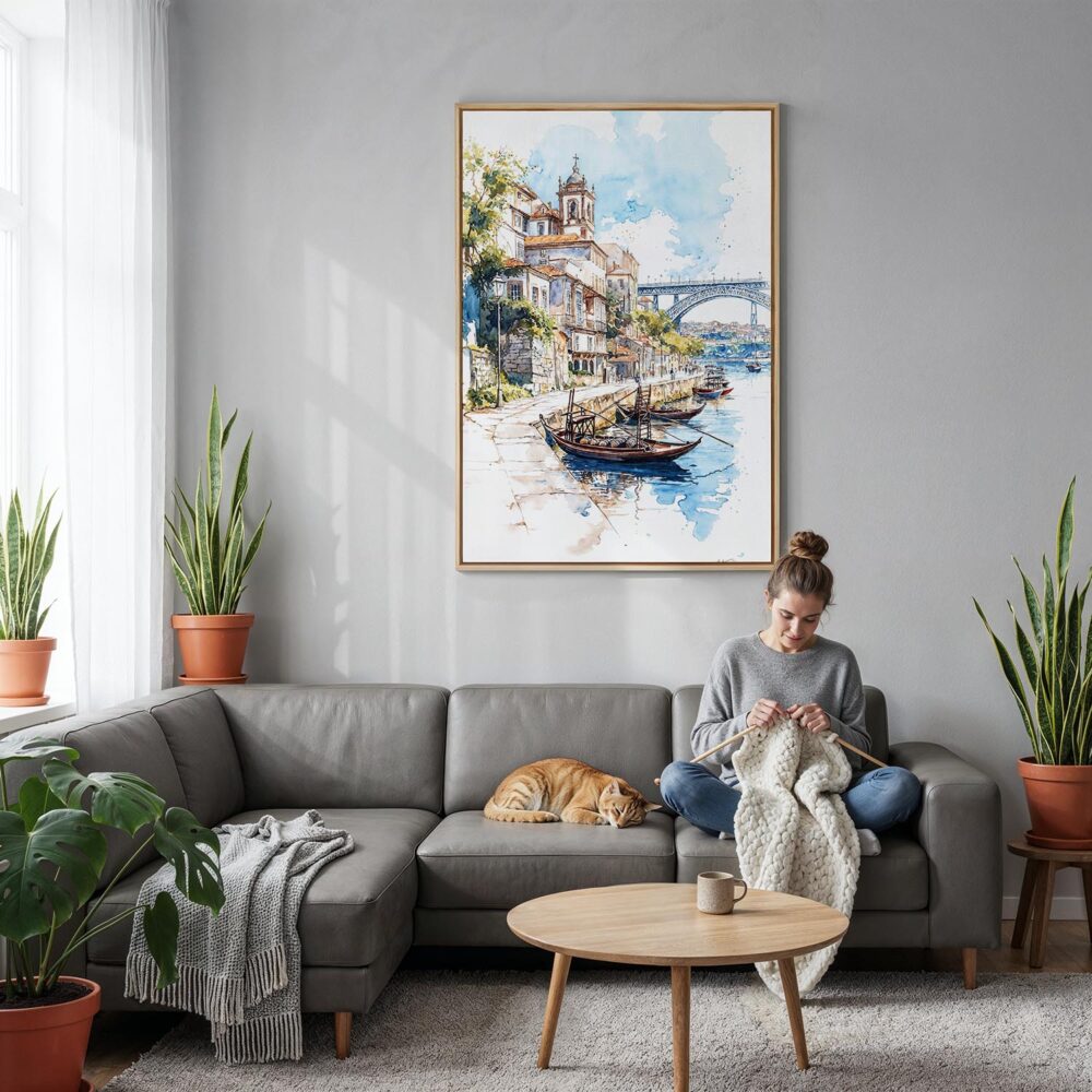 04 - Porto 2 - Watercolor Canvas Print with Natural Floater Frame - Woman Knitting on grey couch - Vertical.jpg 04 - Porto 2 - Watercolor Canvas Print with Natural Floater Frame - Woman Knitting on grey couch - Vertical.jpg