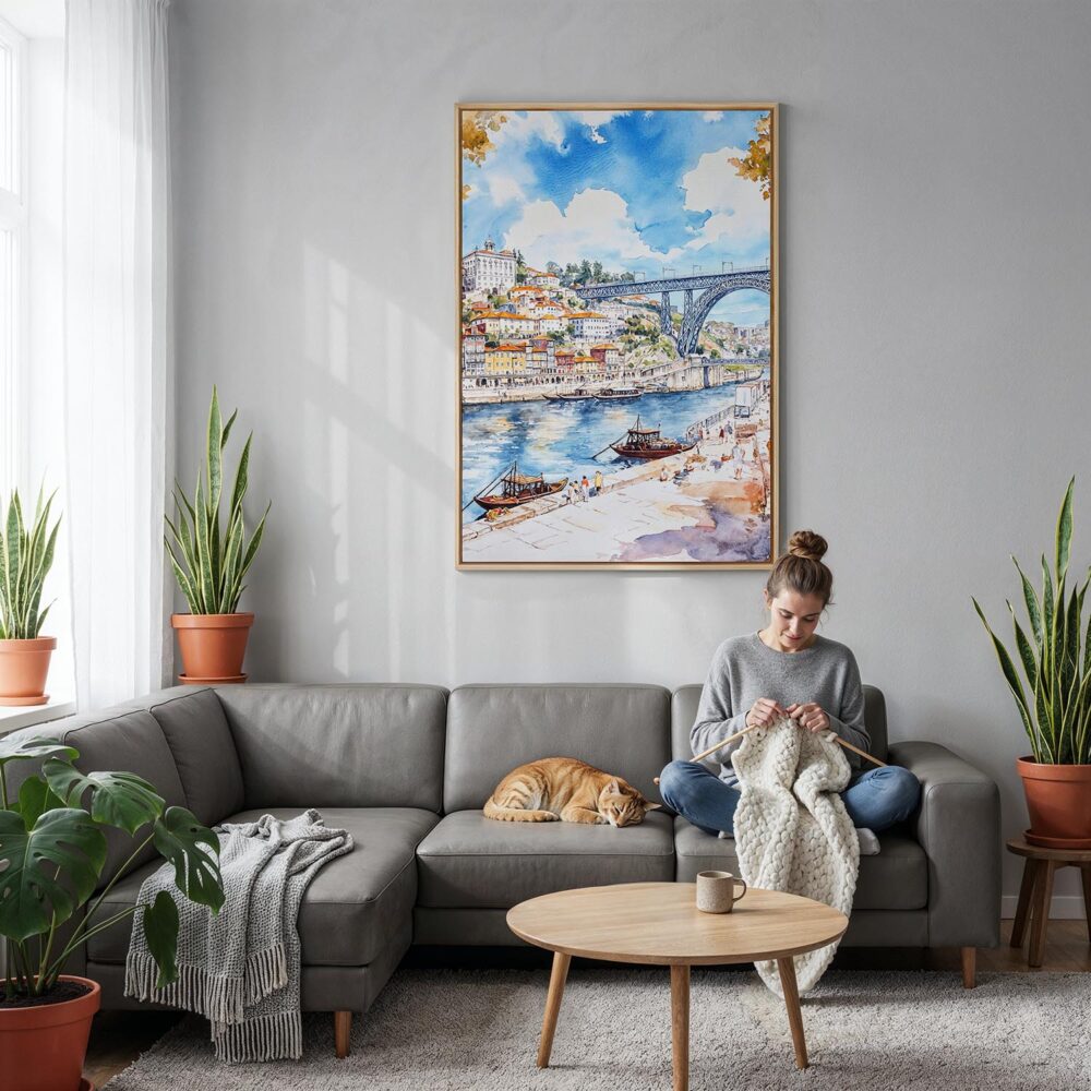 04 - Porto Ribeira with Dom Luis Bridge Watercolor Canvas Print with Natural Floater Frame - Woman Knitting on grey couch - Vertical.jpg 04 - Porto Ribeira with Dom Luis Bridge Watercolor Canvas Print with Natural Floater Frame - Woman Knitting on grey couch - Vertical.jpg
