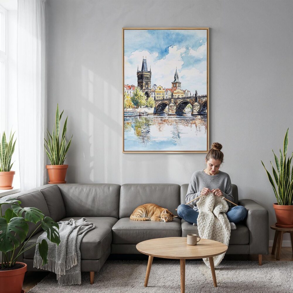 04 - Prague Charles Bridge - Watercolor Canvas Print with Natural Floater Frame - Woman Knitting on grey couch - Vertical.jpg 04 - Prague Charles Bridge - Watercolor Canvas Print with Natural Floater Frame - Woman Knitting on grey couch - Vertical.jpg