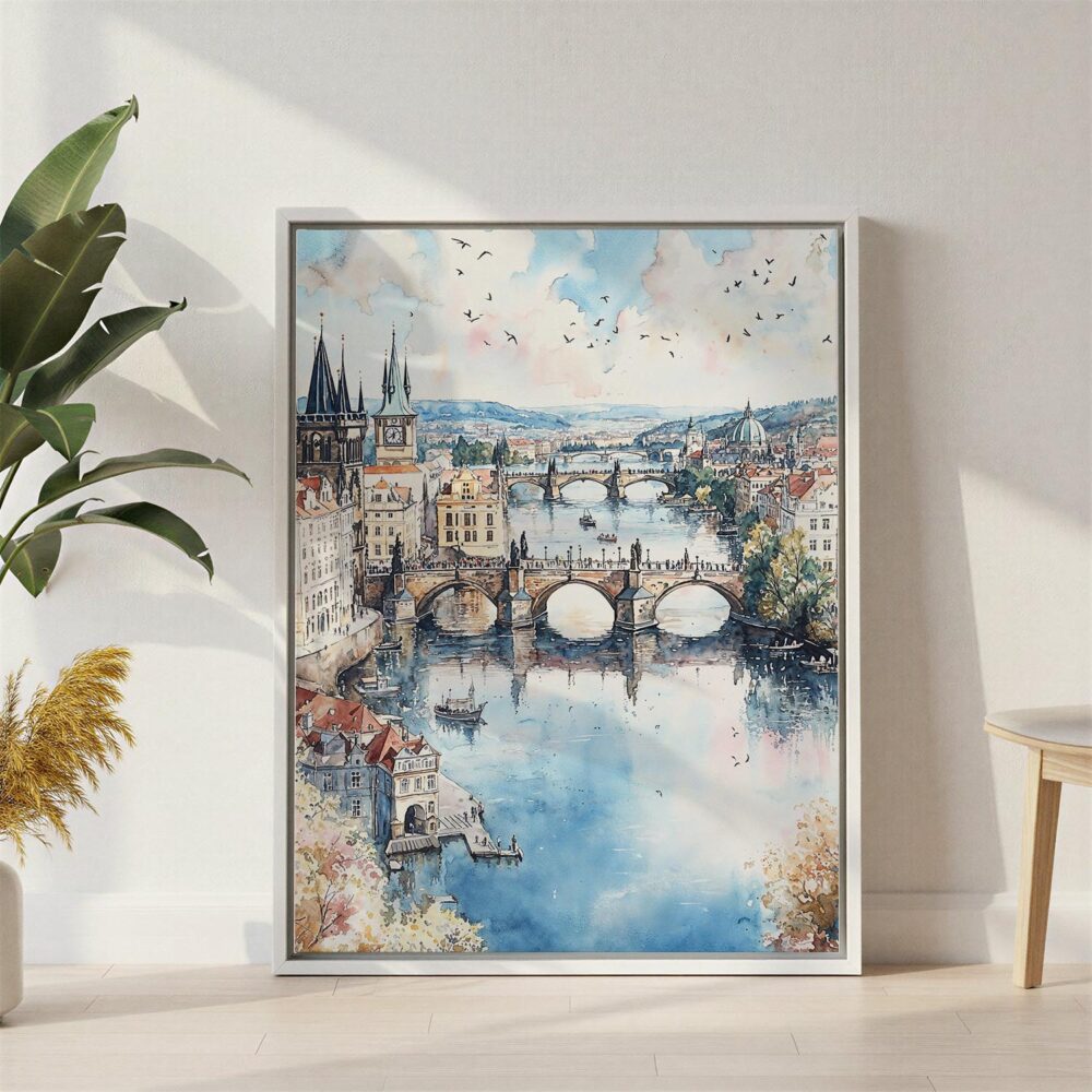 04 - Prague Skyline - Watercolor Canvas Print with White Floater Frame - Standing on Floor - Vertical.jpg 04 - Prague Skyline - Watercolor Canvas Print with White Floater Frame - Standing on Floor - Vertical.jpg