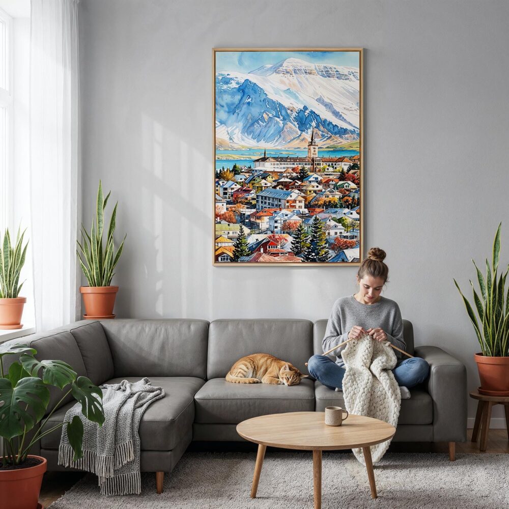 04 - Reykjavik Watercolor Canvas Print with Natural Floater Frame - Woman Knitting on grey couch - Vertical.jpg 04 - Reykjavik Watercolor Canvas Print with Natural Floater Frame - Woman Knitting on grey couch - Vertical.jpg