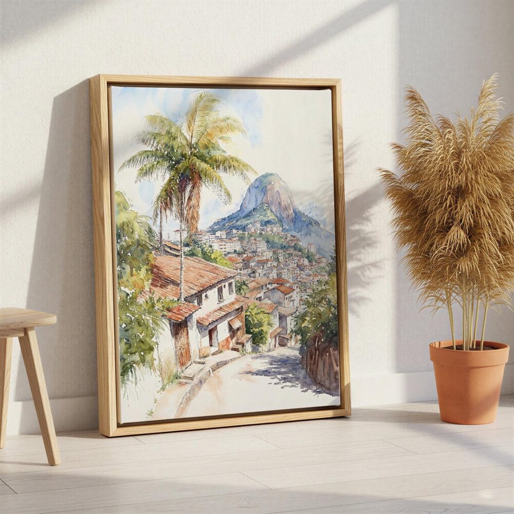04 - Rio De Janeiro Rocinha Favela Watercolor Canvas Print with Natural Floater Frame - Standing on Floor - Vertical.jpg 04 - Rio De Janeiro Rocinha Favela Watercolor Canvas Print with Natural Floater Frame - Standing on Floor - Vertical.jpg