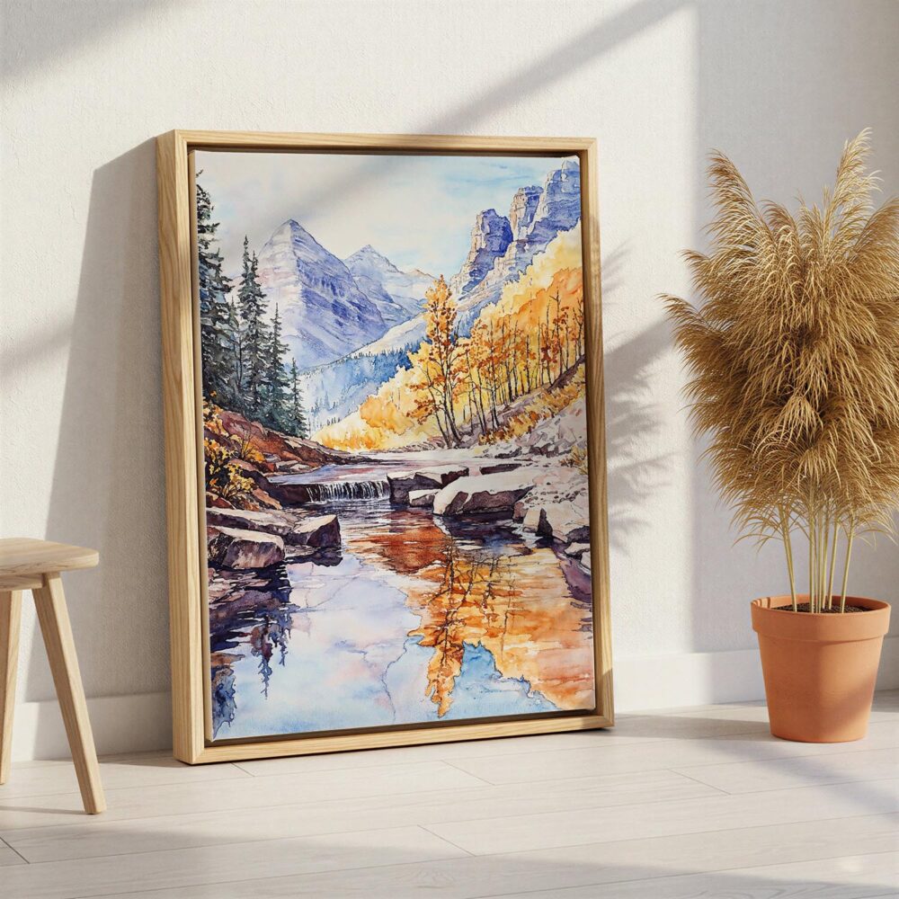 04 - Rocky Mountains Canada Watercolor Canvas Print with Natural Floater Frame - Standing on Floor - Vertical.jpg 04 - Rocky Mountains Canada Watercolor Canvas Print with Natural Floater Frame - Standing on Floor - Vertical.jpg