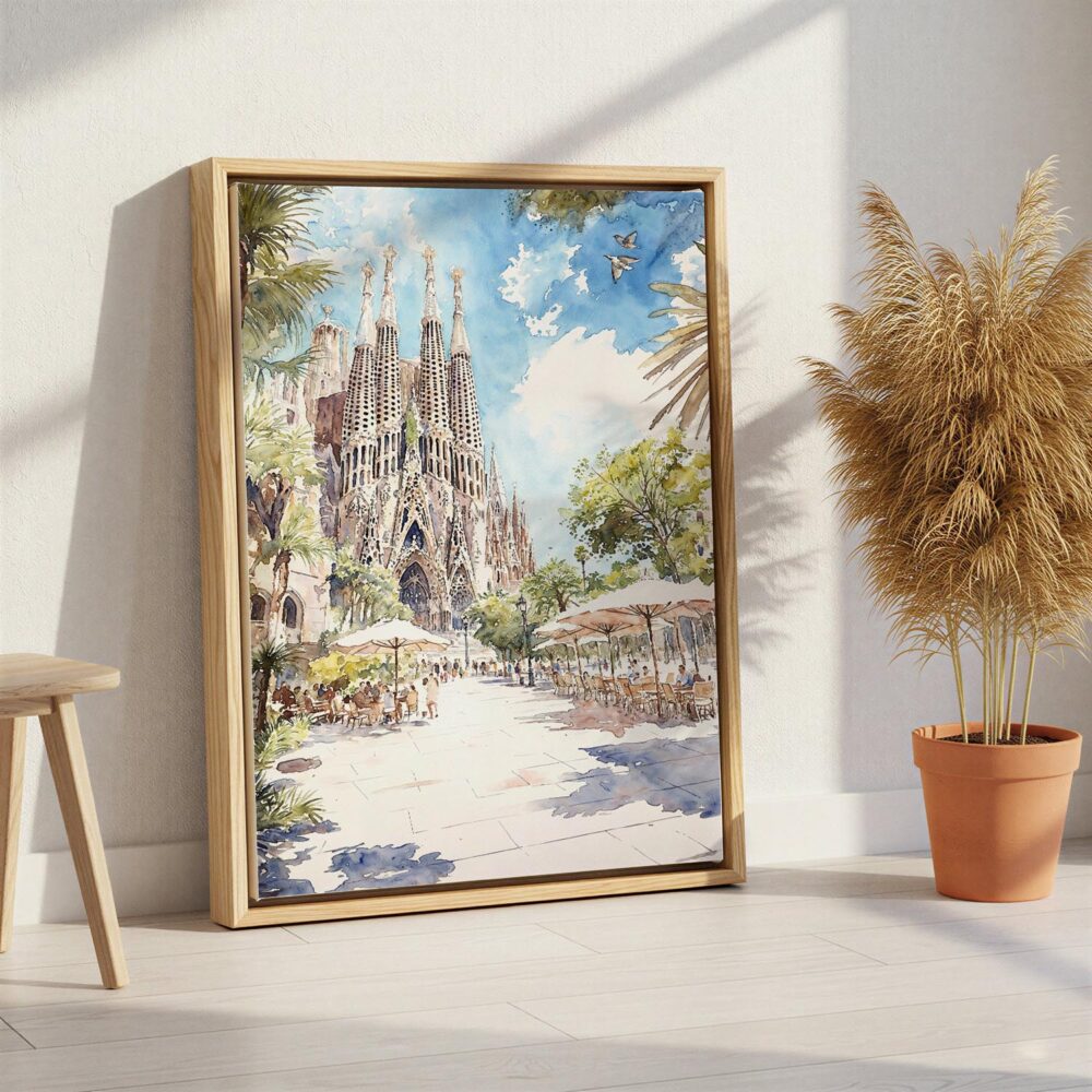 04 - Sagrada Familia - Watercolor Canvas Print with Natural Floater Frame - Standing on Floor - Vertical.jpg 04 - Sagrada Familia - Watercolor Canvas Print with Natural Floater Frame - Standing on Floor - Vertical.jpg