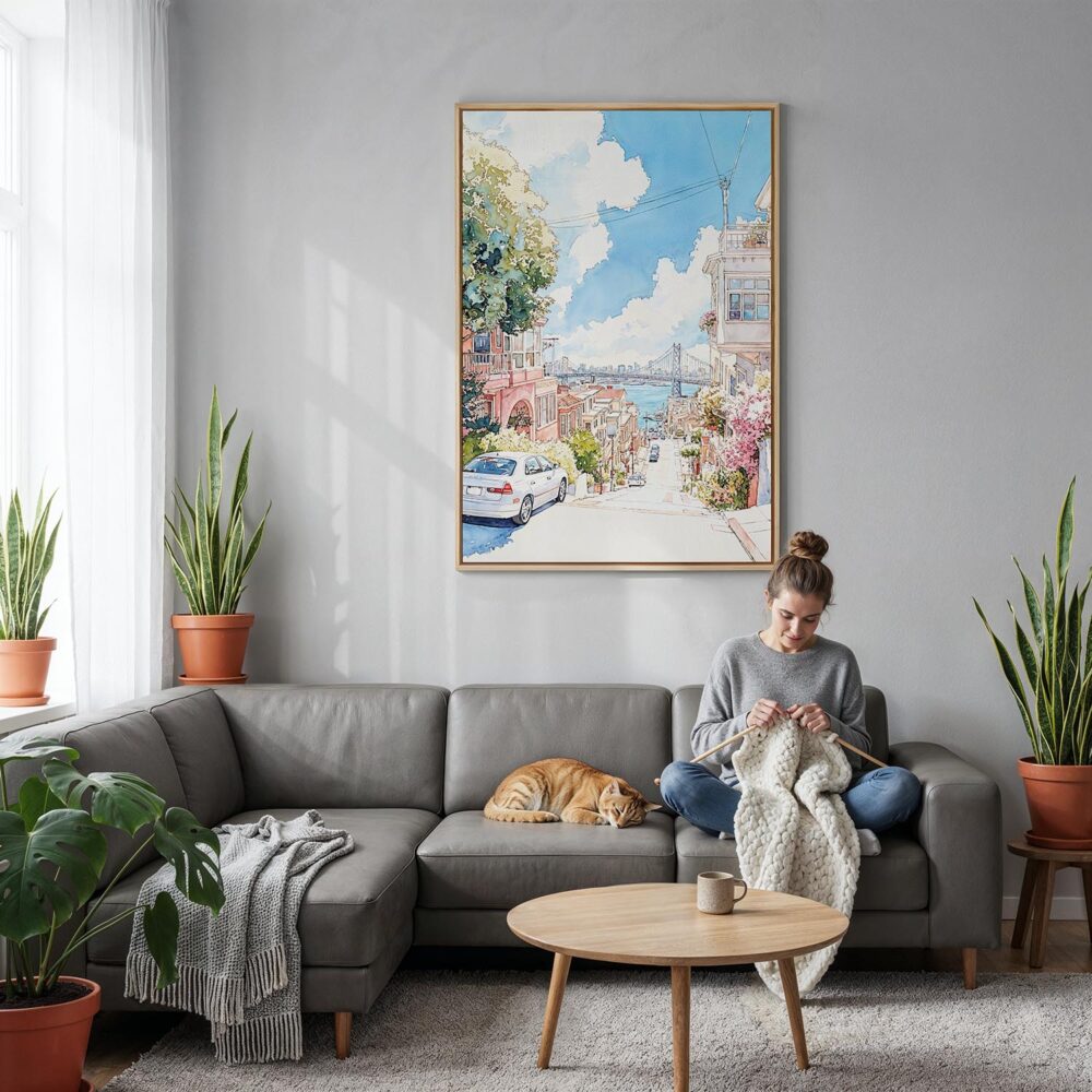04 - San Francisco Lombard Street - Watercolor Canvas Print with Natural Floater Frame - Woman Knitting on grey couch - Vertical.jpg 04 - San Francisco Lombard Street - Watercolor Canvas Print with Natural Floater Frame - Woman Knitting on grey couch - Vertical.jpg