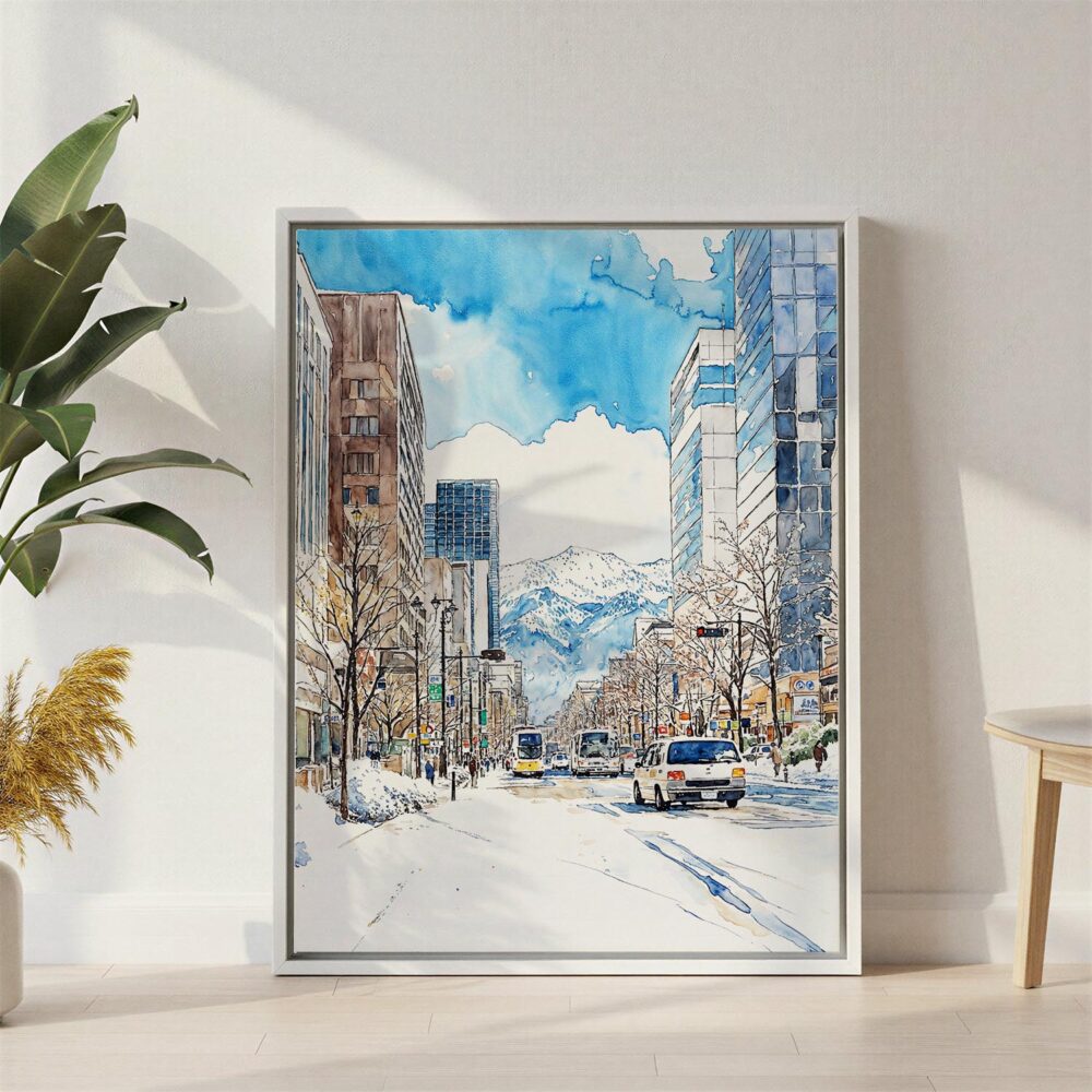 04 - Sapporo City - Watercolor Canvas Print with White Floater Frame - Standing on Floor - Vertical.jpg 04 - Sapporo City - Watercolor Canvas Print with White Floater Frame - Standing on Floor - Vertical.jpg
