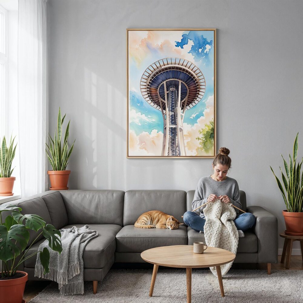 04 - Seattle Space Needle Closeup Watercolor Canvas Print with Natural Floater Frame - Woman Knitting on grey couch - Vertical.jpg 04 - Seattle Space Needle Closeup Watercolor Canvas Print with Natural Floater Frame - Woman Knitting on grey couch - Vertical.jpg