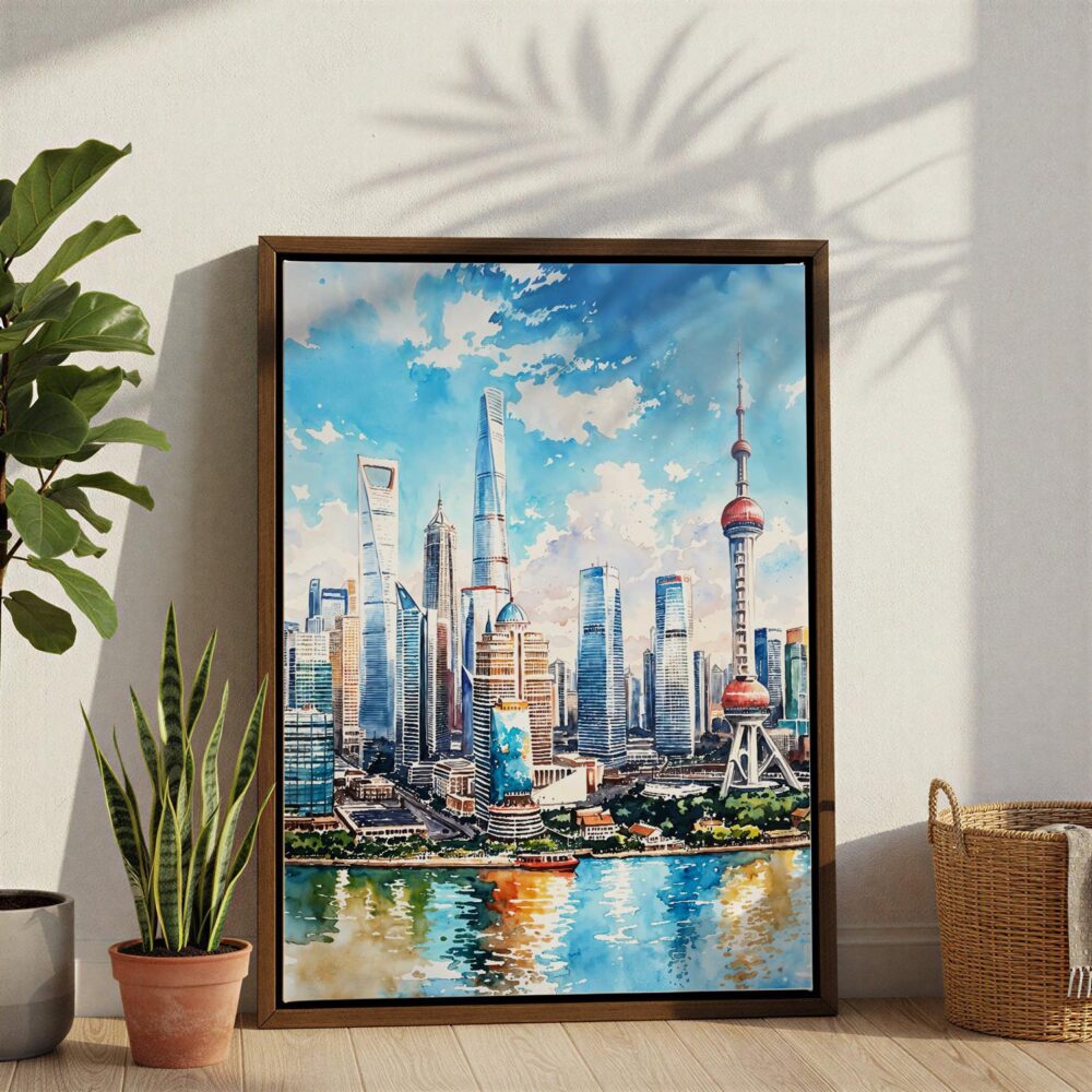 04 - Shanghai China Watercolor Canvas Print with Brown Floater Frame - Standing on Floor - Vertical.jpg 04 - Shanghai China Watercolor Canvas Print with Brown Floater Frame - Standing on Floor - Vertical.jpg
