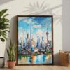04 - Shanghai China Watercolor Canvas Print with Brown Floater Frame - Standing on Floor - Vertical.jpg