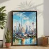 04 - Shanghai China Watercolor Canvas Print with Brown Floater Frame - Standing on Floor - Vertical.jpg