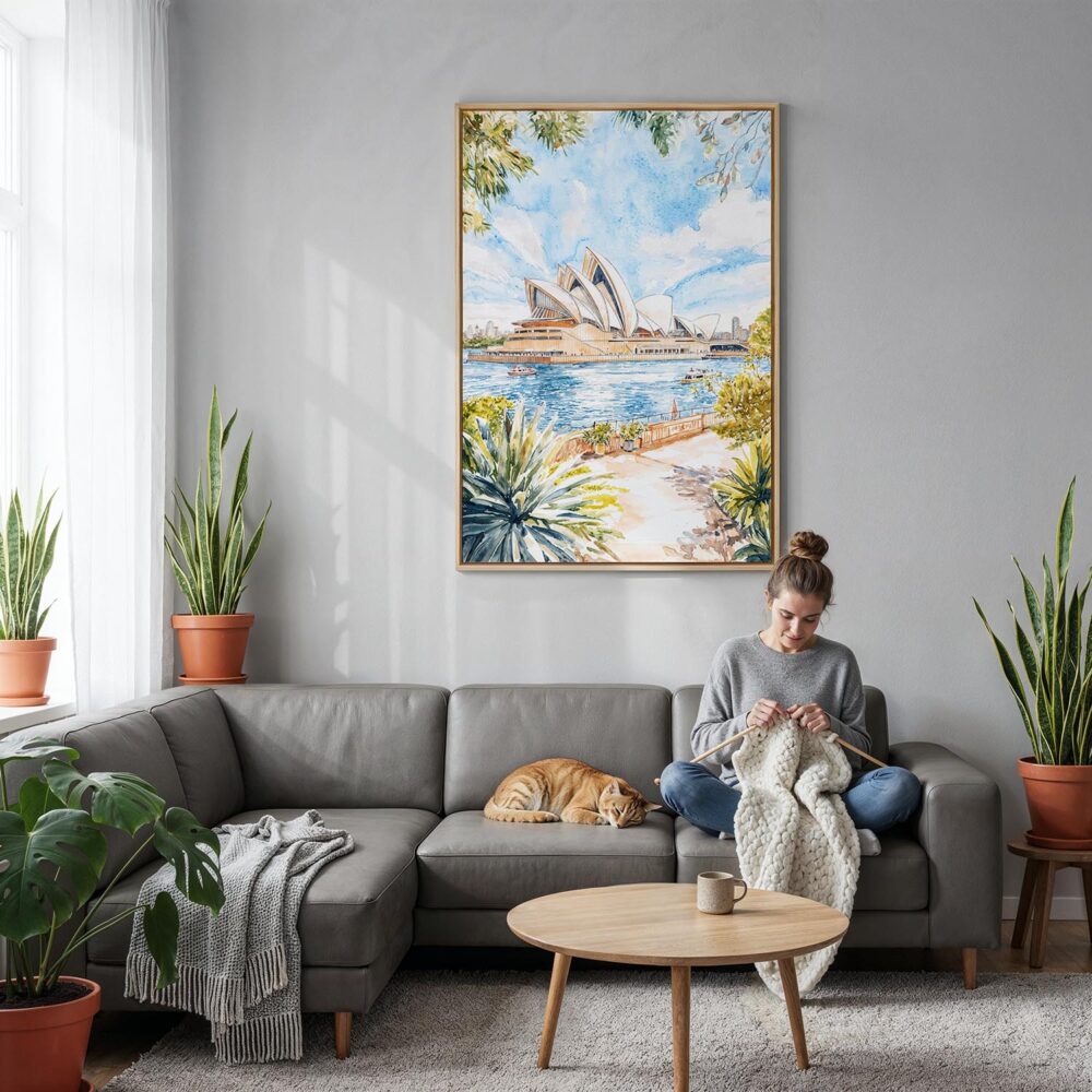 04 - Sydney Australia Opera House Watercolor Canvas Print with Natural Floater Frame - Woman Knitting on grey couch - Vertical.jpg 04 - Sydney Australia Opera House Watercolor Canvas Print with Natural Floater Frame - Woman Knitting on grey couch - Vertical.jpg