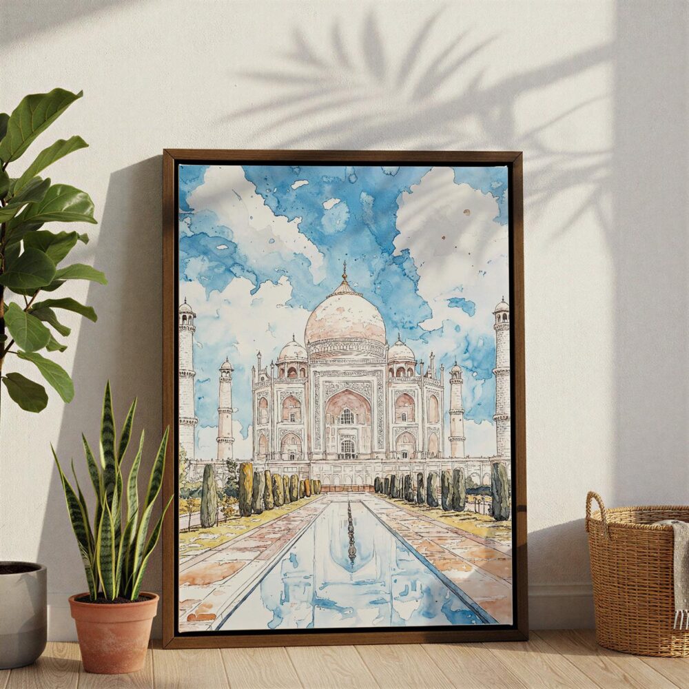 04 - Taj Mahal Vibrant Watercolor Canvas Print with Brown Floater Frame - Standing on Floor - Vertical.jpg 04 - Taj Mahal Vibrant Watercolor Canvas Print with Brown Floater Frame - Standing on Floor - Vertical.jpg