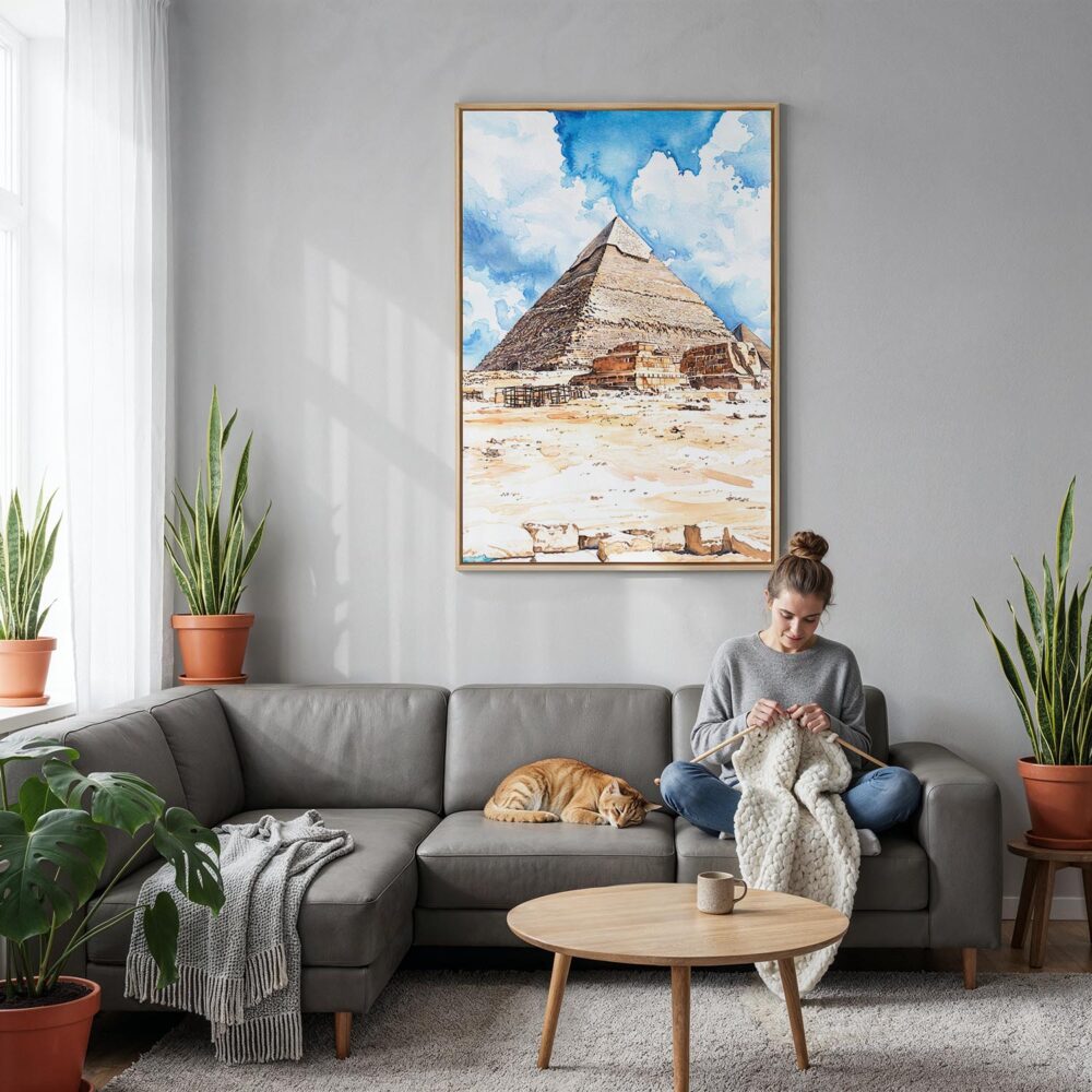 04 - The Pyramids of Giza Watercolor Canvas Print with Natural Floater Frame - Woman Knitting on grey couch - Vertical.jpg 04 - The Pyramids of Giza Watercolor Canvas Print with Natural Floater Frame - Woman Knitting on grey couch - Vertical.jpg