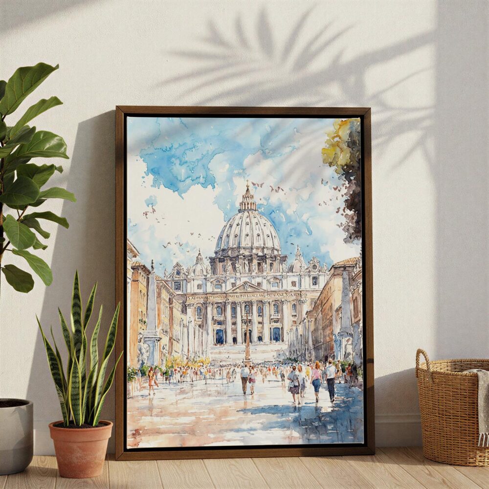 04 - The Vatican Watercolor Canvas Print with Brown Floater Frame - Standing on Floor - Vertical.jpg 04 - The Vatican Watercolor Canvas Print with Brown Floater Frame - Standing on Floor - Vertical.jpg