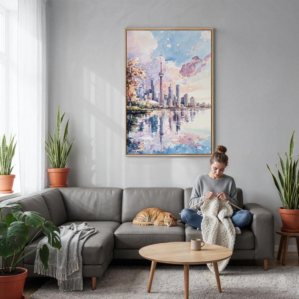 04 - Toronto - Watercolor Canvas Print with Natural Floater Frame - Woman Knitting on grey couch - Vertical.jpg 04 - Toronto - Watercolor Canvas Print with Natural Floater Frame - Woman Knitting on grey couch - Vertical.jpg