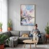 04 - Toronto - Watercolor Canvas Print with Natural Floater Frame - Woman Knitting on grey couch - Vertical.jpg