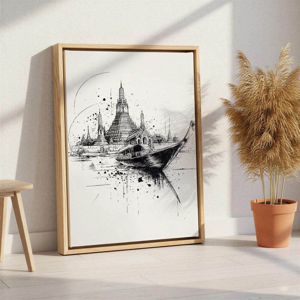 04 - Wat arun with boat - Pencil drawing Canvas Print with Natural Floater Frame - Standing on Floor - Vertical.jpg 04 - Wat arun with boat - Pencil drawing Canvas Print with Natural Floater Frame - Standing on Floor - Vertical.jpg
