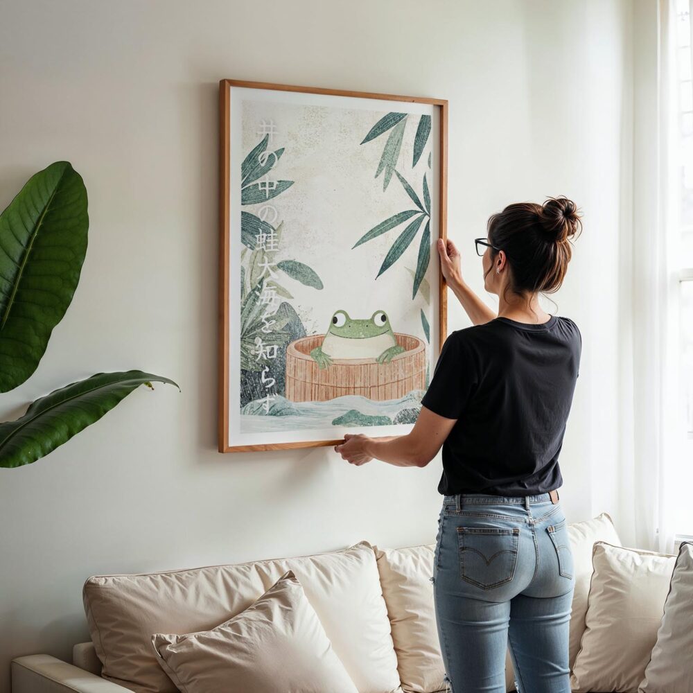 04 - Woman Hanging Framed Cute Frog in Japanese Bathtub Illustration - 井の中の蛙大海を知らず Art Print - Vertical.jpg 04 - Woman Hanging Framed Cute Frog in Japanese Bathtub Illustration - 井の中の蛙大海を知らず Art Print - Vertical.jpg