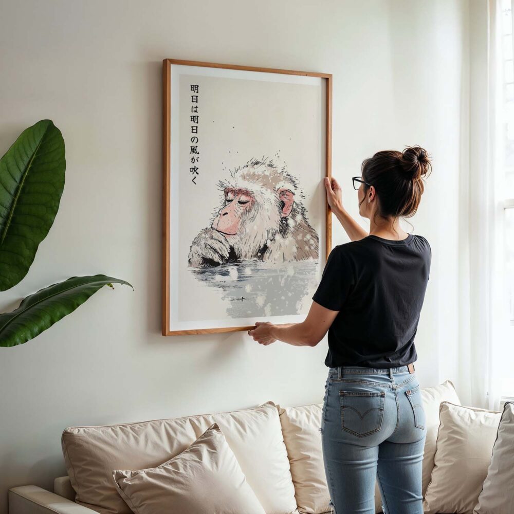 04 - Woman Hanging Framed Japanese Macaque in Onsen Vintage Illustration - 明日は明日の風が吹 - Tomorrow’s wind will blow tomorrow. Art Print - Vertical.jpg 04 - Woman Hanging Framed Japanese Macaque in Onsen Vintage Illustration - 明日は明日の風が吹 - Tomorrow’s wind will blow tomorrow. Art Print - Vertical.jpg