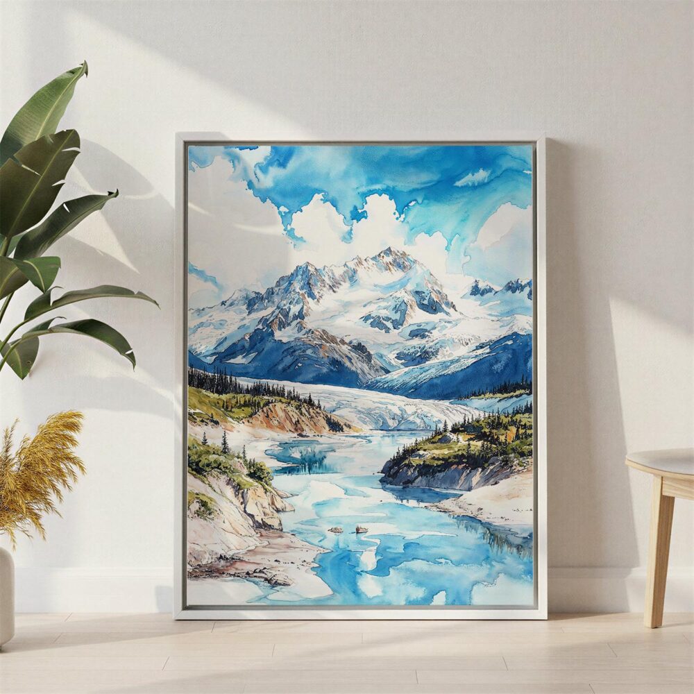04 - Wrangell-St. Elias National Park Watercolor Canvas Print with White Floater Frame - Standing on Floor - Vertical.jpg 04 - Wrangell-St. Elias National Park Watercolor Canvas Print with White Floater Frame - Standing on Floor - Vertical.jpg