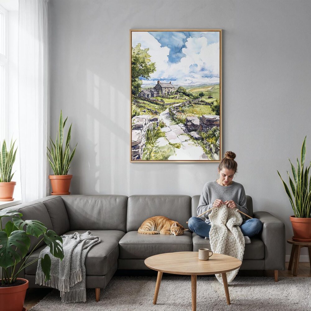 04 - Yorkshire England Watercolor Canvas Print with Natural Floater Frame - Woman Knitting on grey couch - Vertical.jpg 04 - Yorkshire England Watercolor Canvas Print with Natural Floater Frame - Woman Knitting on grey couch - Vertical.jpg